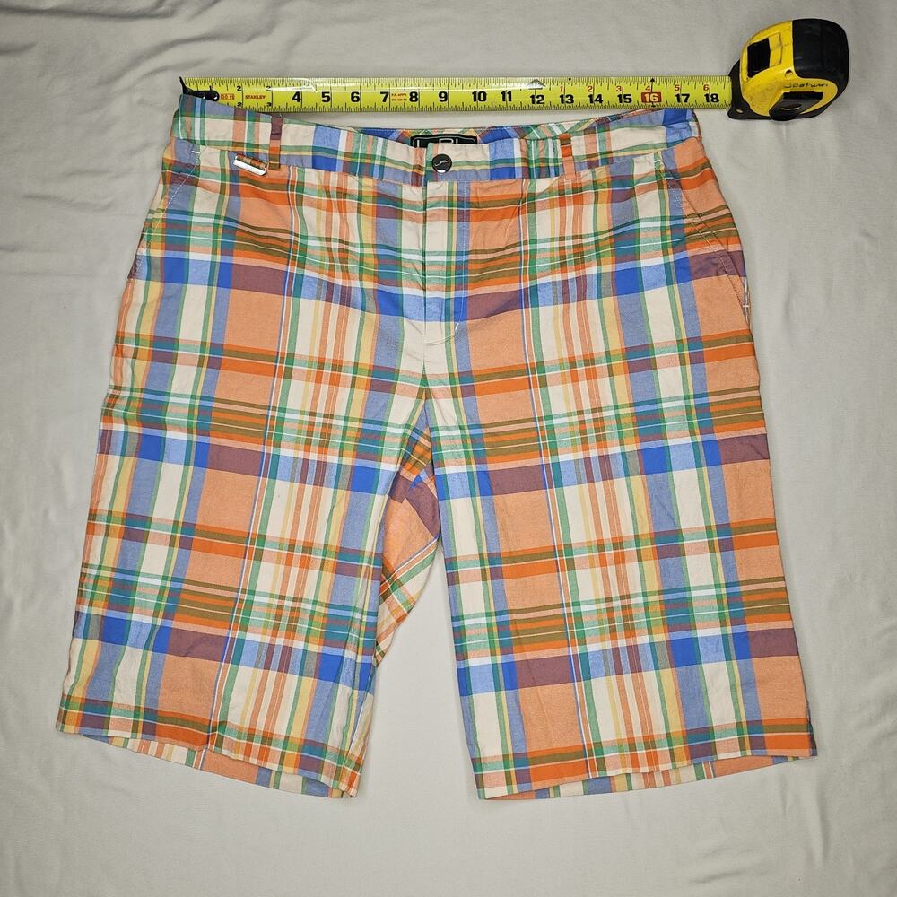 Ralph Lauren LRL Women's Active Orange Plaid Bermuda Shorts Stretch 34"